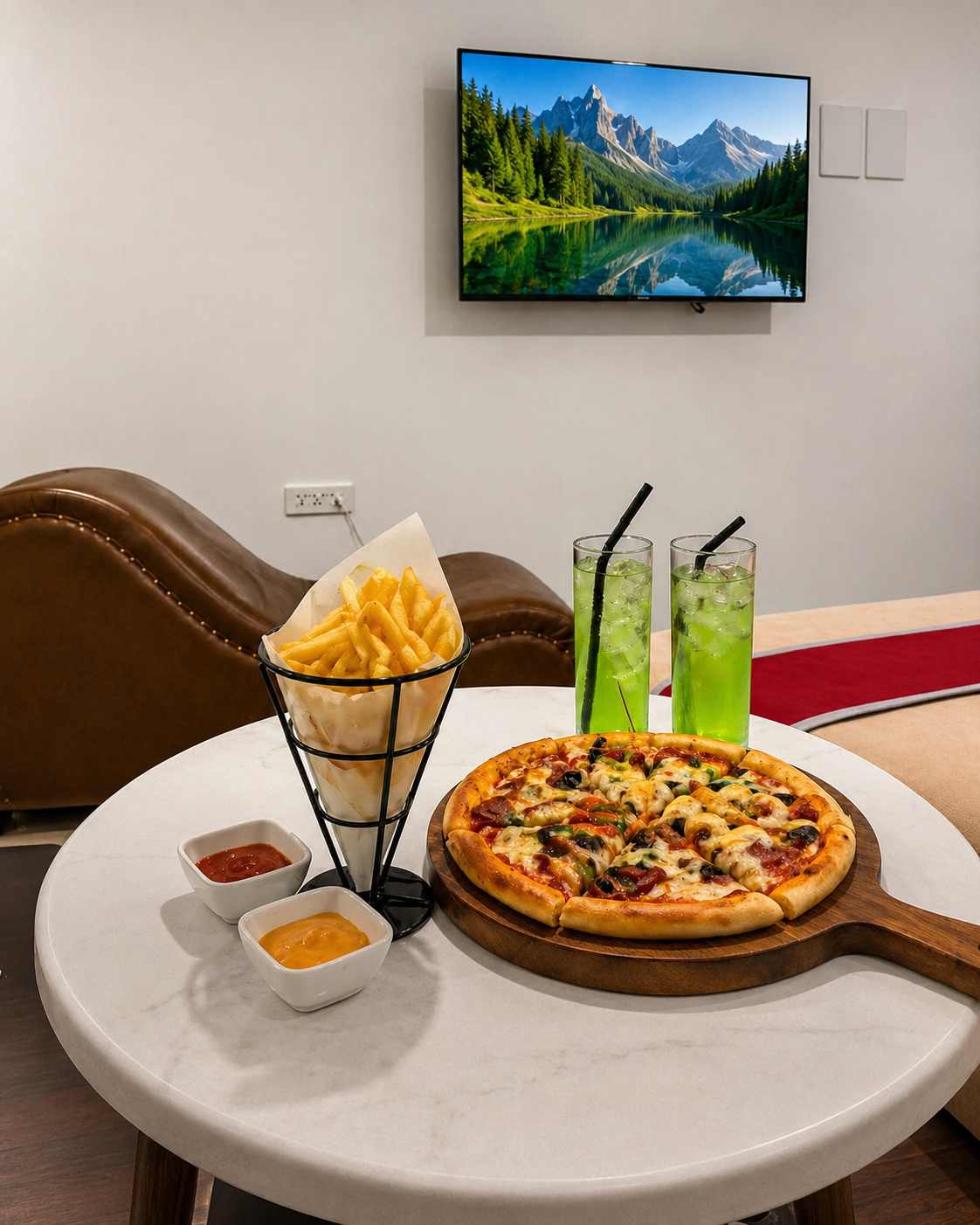 Room service pizza, cone of fries with dips and two iced drinks on a marble table in a Mayumi Lodge room