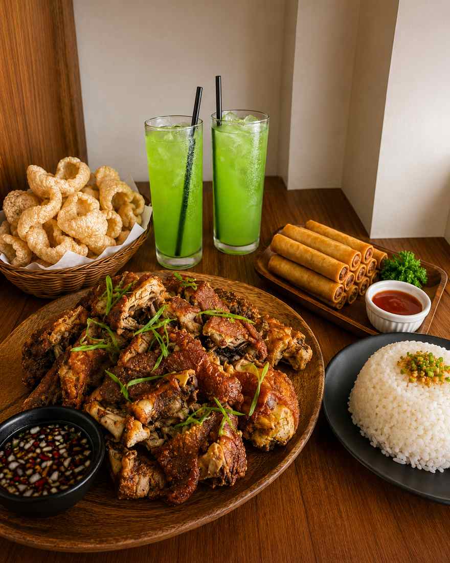 Local Asian meal of crispy pork, spring rolls, steamed rice, chicharon and two cold green drinks on a wooden table